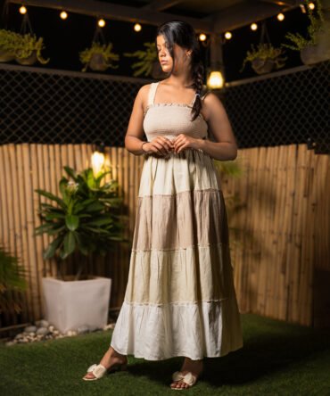 Poplin Cotton Beige Off-White Tier Dress