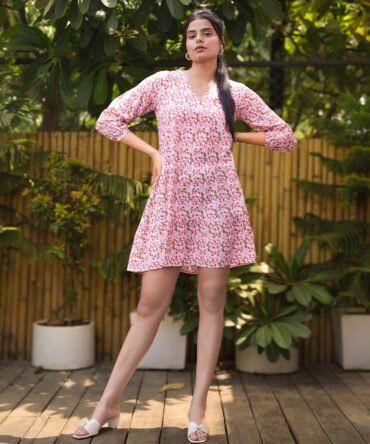 White Cotton Multicolour Floral Printed Ladies Short Dress