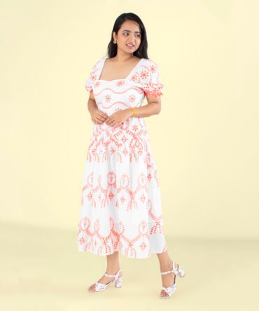White and Coral Eyelet Cotton Cambric Dress with Smocked Back