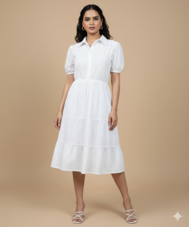 Collared white cotton eyelet dress with puff sleeves and button down front – front view