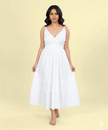 ront view of white sleeveless cotton eyelet maxi dress with tiered hem and deep neckline