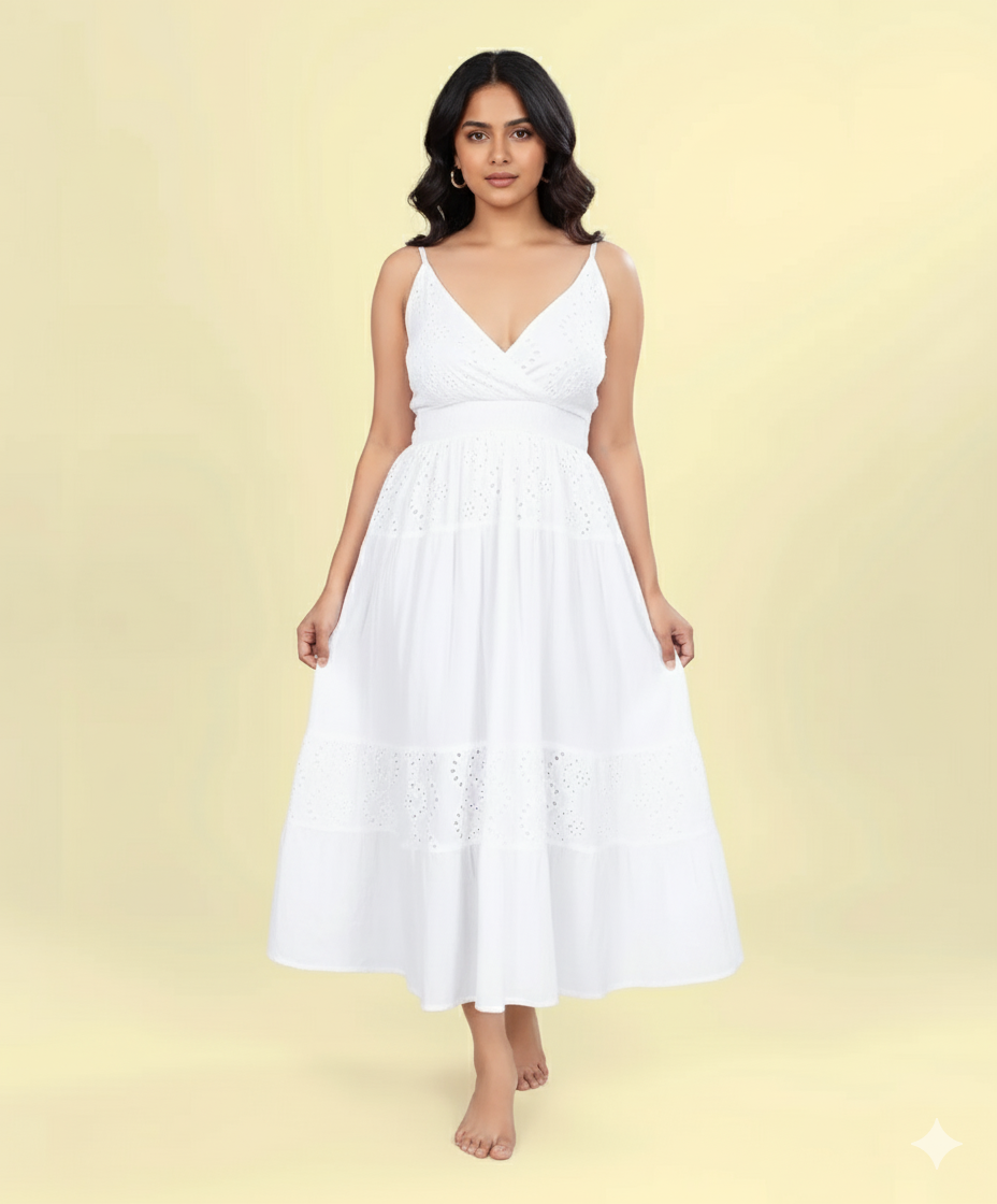 ront view of white sleeveless cotton eyelet maxi dress with tiered hem and deep neckline
