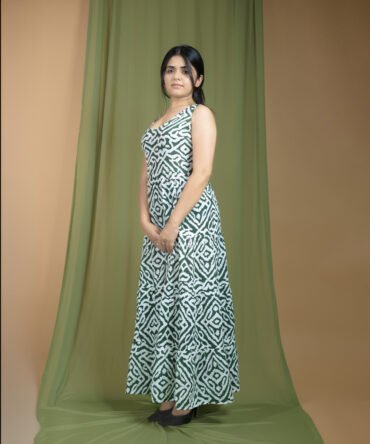 Green and White Printed Maxi Dress – Front View in Cotton with Sleeveless Design