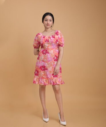 Cotton Printed Dress With Pleated Yoke Puff Sleeves