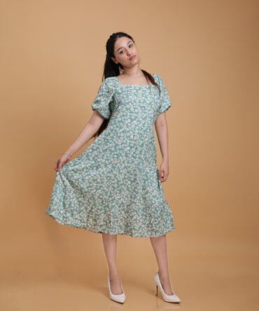 Green White Floral Ditsy Ladies Midi Rayon Dress