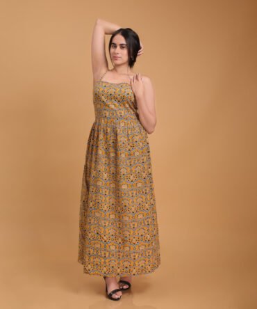 Long Strap Dress Mustard Print Cotton Kantha