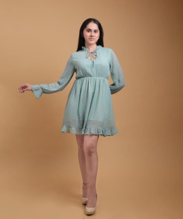 Swiss Dot Cotton Neck Ruffle Ladies Short Dress with Lining