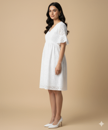 Side view of white cotton eyelet V-neck dress with ruffle sleeves and knee-length hem