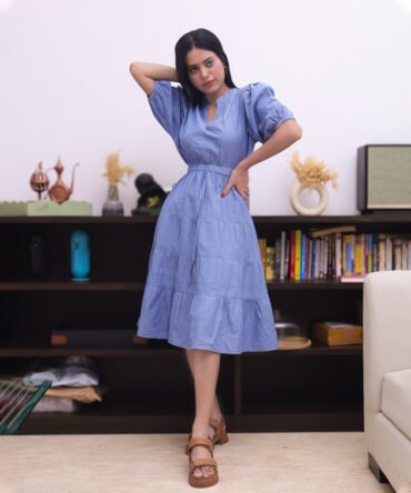 Chambray Midi Dress With Balloon Sleeves, Waist Elasticated