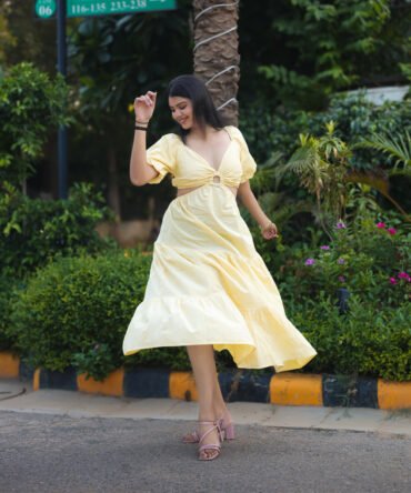 Cut Out Midi Dress Puff Sleeves Back Tie Solid Colour