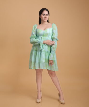 Poly Chiffon Printed Short Dress With Elasticated Puffed Sleeve With Bow Tie At Back