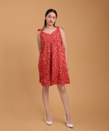 Printed Rayon Tye Strap Front Buttoned Midi Dress