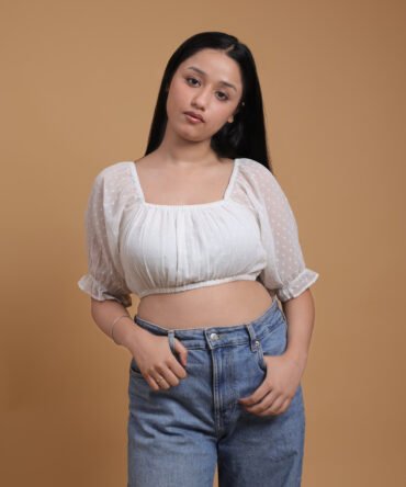 Swiss Dot Poly Chiffon Top With Puff Sleeves