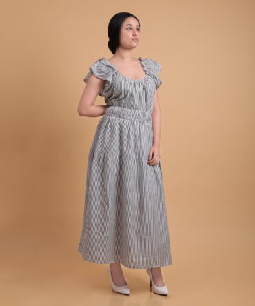 Cotton Seersucker Striped Long Dress With Double Ruffle Sleeve And Lining