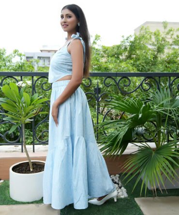Pastel Blue Co-ord Set showing flowy cotton tiered skirt and side profile of tie-strap top