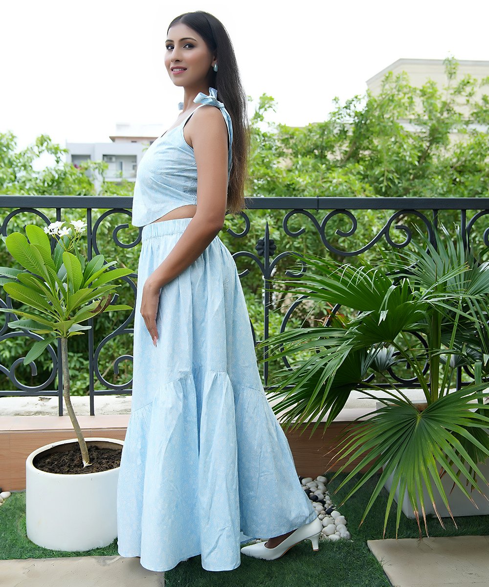 Pastel Blue Co-ord Set showing flowy cotton tiered skirt and side profile of tie-strap top
