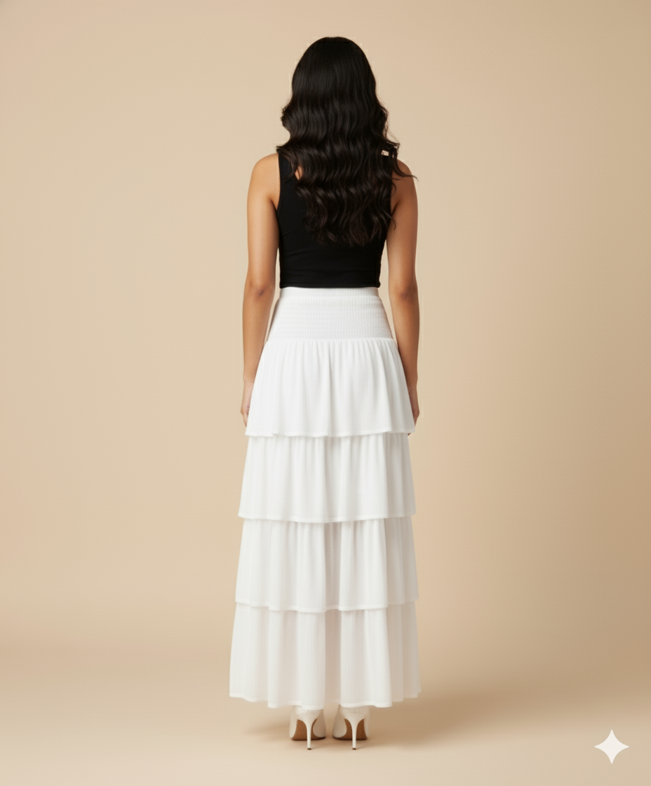 Back view of white rayon crepe tiered maxi skirt with smocked waistband and tier detailing