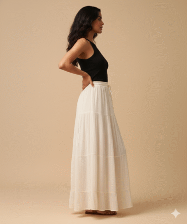 Side view of crinkled rayon crepe tiered maxi skirt showing layered flow and textured finish
