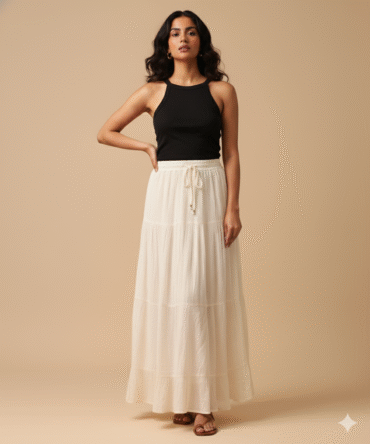 Front view of crinkled tiered rayon maxi skirt with beaded drawstring and flowy tiers
