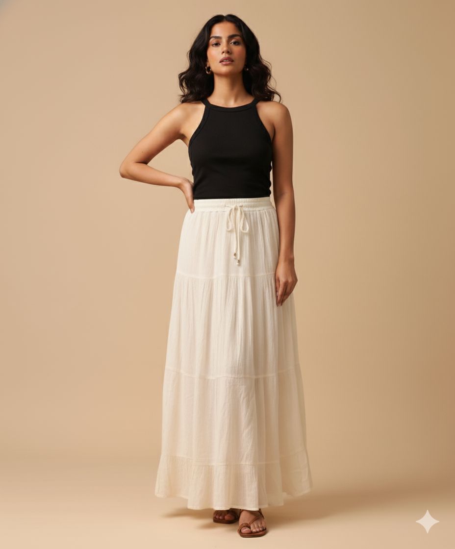Front view of crinkled tiered rayon maxi skirt with beaded drawstring and flowy tiers