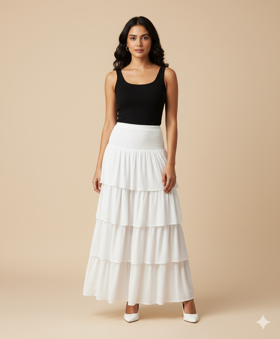 Front view of white rayon crepe tiered maxi skirt featuring a smoked waist and layered flared design
