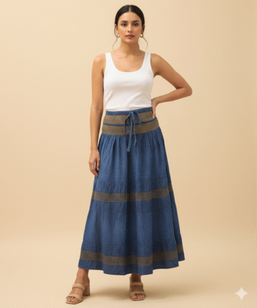 Denim blue cotton maxi skirt front view with crochet lace detailing and drawstring waist