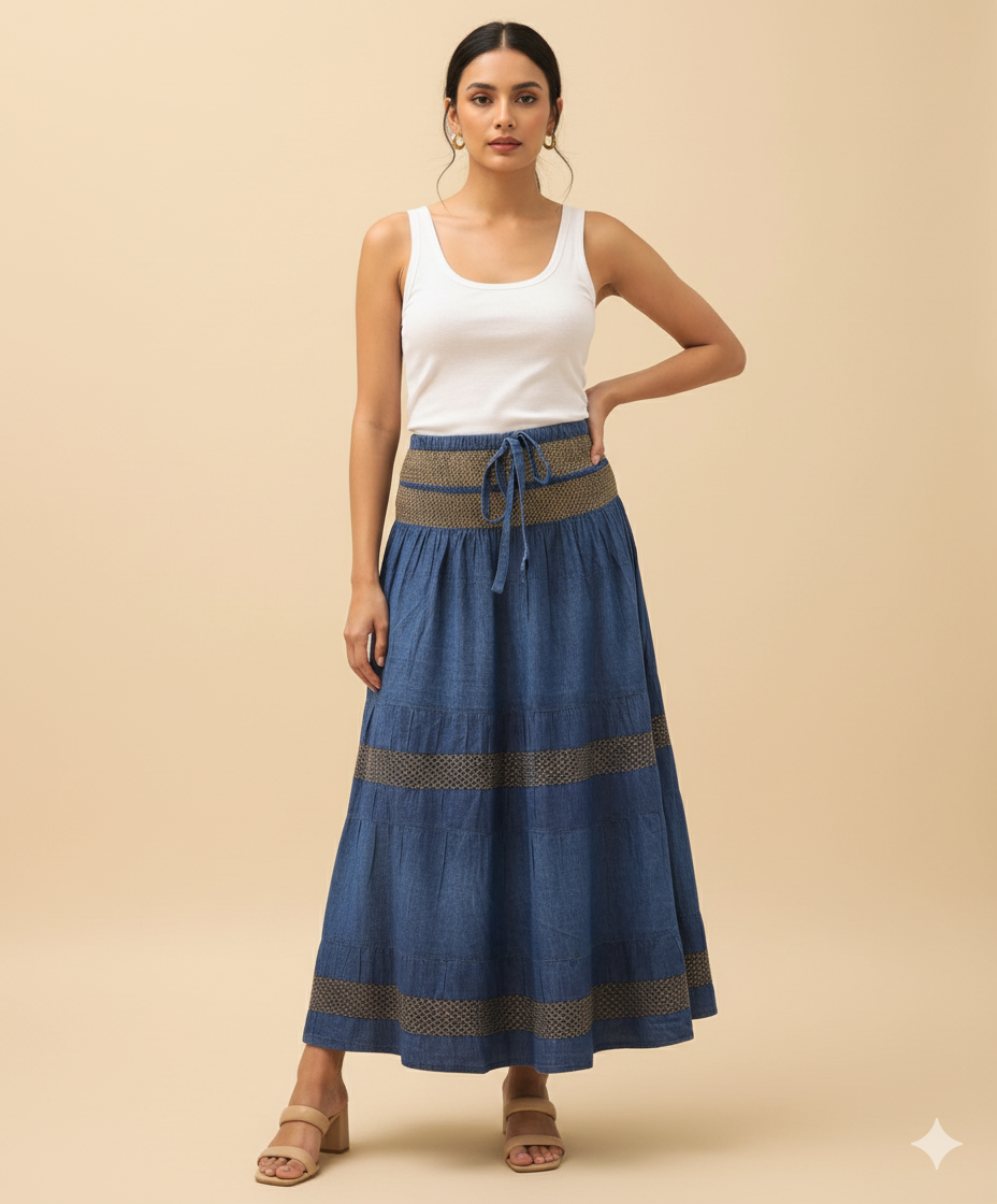 Denim blue cotton maxi skirt front view with crochet lace detailing and drawstring waist
