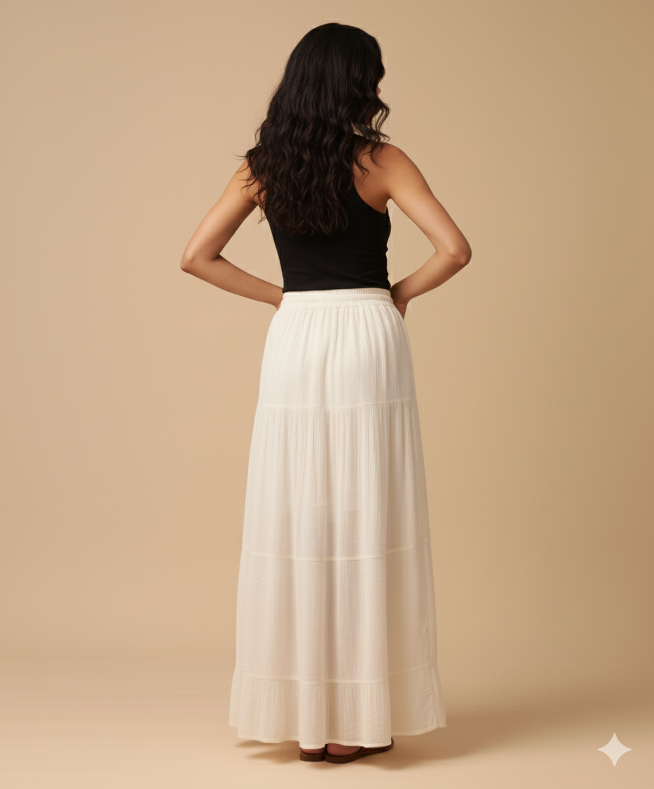 Back view of rayon crepe crinkled tiered maxi skirt with flowy layers and drawstring waist