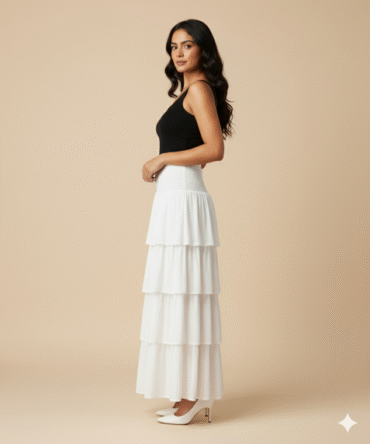 White Rayon Crepe Tiered Maxi Skirt Side View