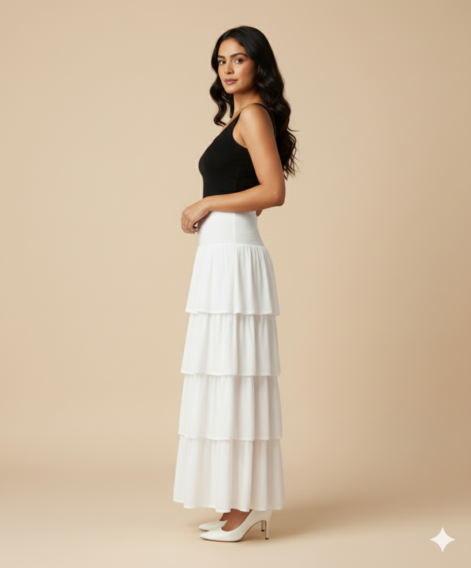White Rayon Crepe Tiered Maxi Skirt Side View