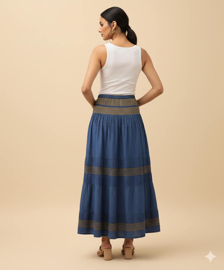Back view of denim blue cotton maxi skirt with elasticated waistband and lace panel detailing