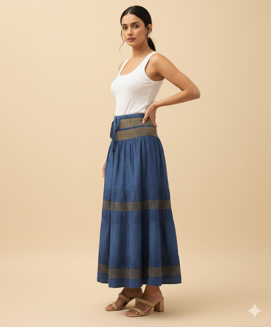 Side view of denim blue cotton maxi skirt showing flowy tiers and crochet lace panels