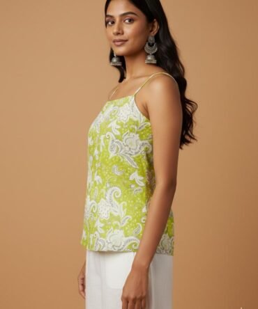 Model showing the side view of green paisley cotton kurti with delicate straps and soft boho-inspired silhouette.