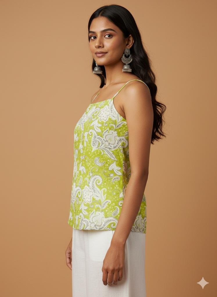 Model showing the side view of green paisley cotton kurti with delicate straps and soft boho-inspired silhouette.