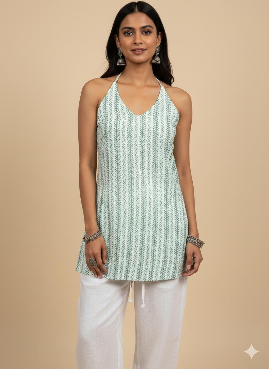 Model wearing green printed halter cotton kurti with tie-back design and white pants – boho chic summer outfit.