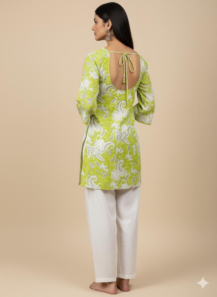 Back view of model wearing a green paisley kurti featuring a tie-back and relaxed fit.