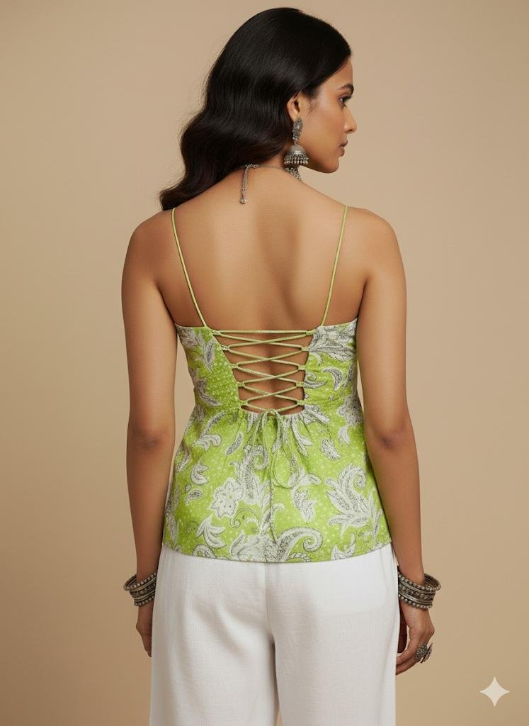 Model wearing a green paisley cotton kurti with lace-up tie-back detail, showcasing the boho chic back design.