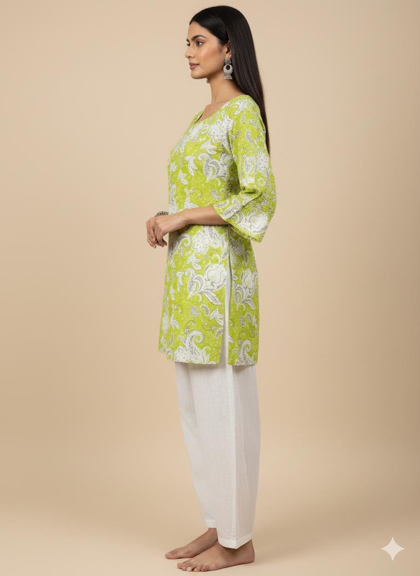Model in green paisley kurti showing side profile with flowy bell sleeves and tie-back detail.