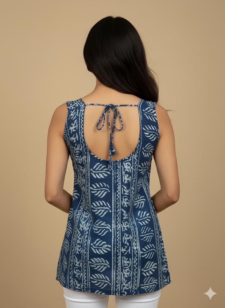Back view of blue batik print sleeveless cotton kurti with tie-up detail, styled with white pants.
