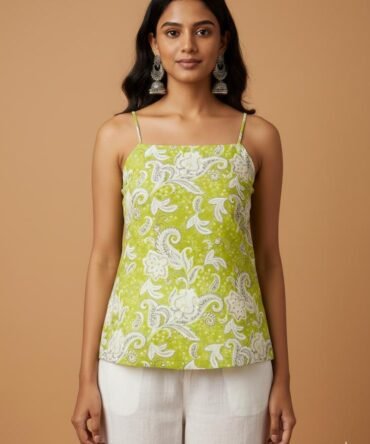 Green paisley print short kurti, with tie up back