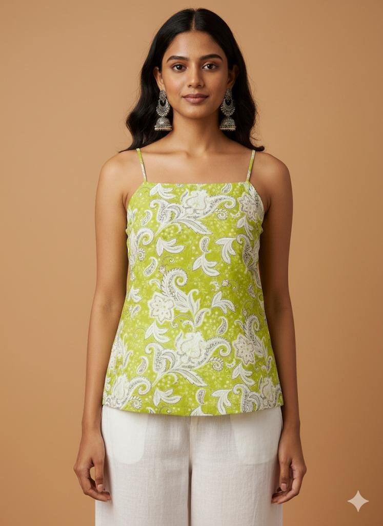 Green paisley print short kurti, with tie up back