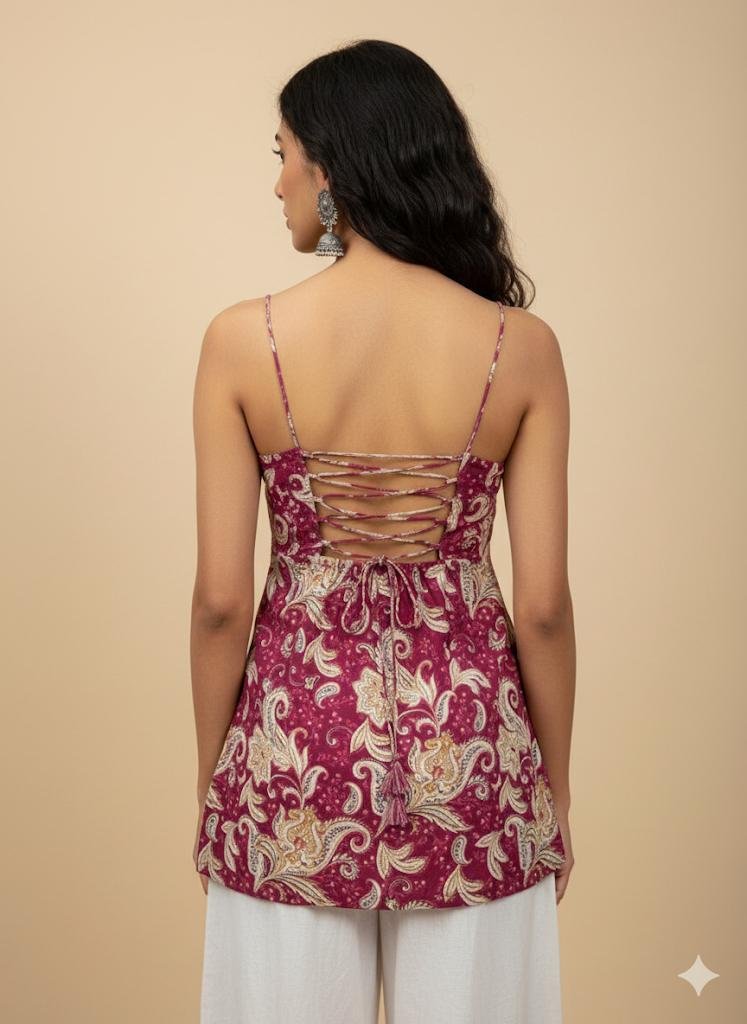 Model showing back view of pink paisley printed cotton strappy kurti with lace-up tie detailing