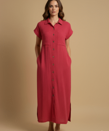 Woman wearing a red raspberry cotton double gauze button-down dress styled for fall fashion, featuring short sleeves, pockets, and a minimal chic look.