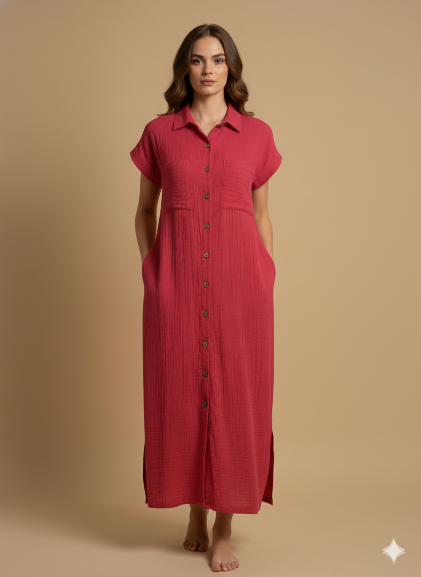 Woman wearing a red raspberry cotton double gauze button-down dress styled for fall fashion, featuring short sleeves, pockets, and a minimal chic look.