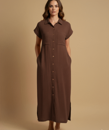 Woman wearing a brown cotton double gauze button-down dress styled for fall fashion, featuring short sleeves, pockets, and a minimal chic neutral look.