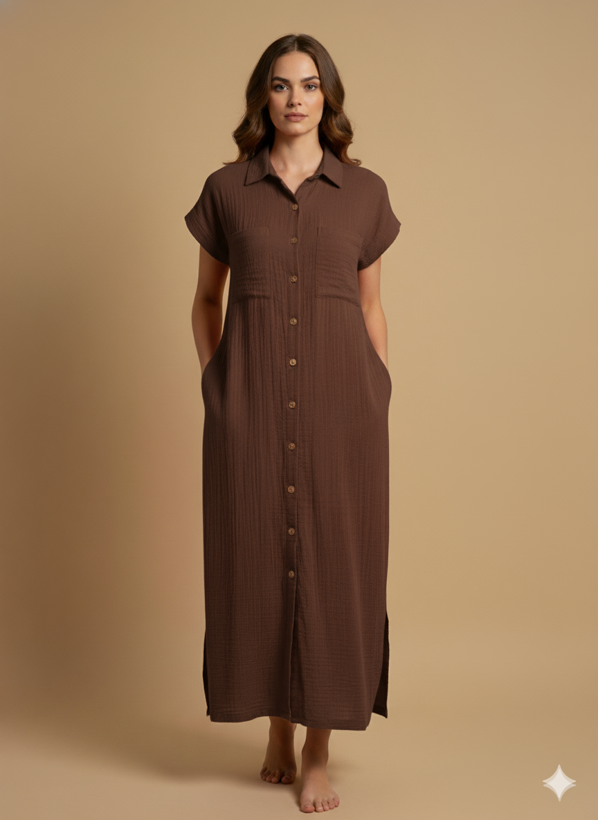 Woman wearing a brown cotton double gauze button-down dress styled for fall fashion, featuring short sleeves, pockets, and a minimal chic neutral look.