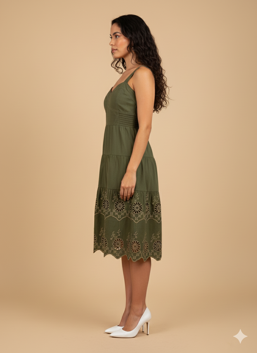 Side view of olive green cotton midi dress featuring tan eyelet embroidery and tiered detailing.
