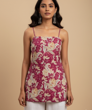 model wearing pink paisley printed , lace up back top