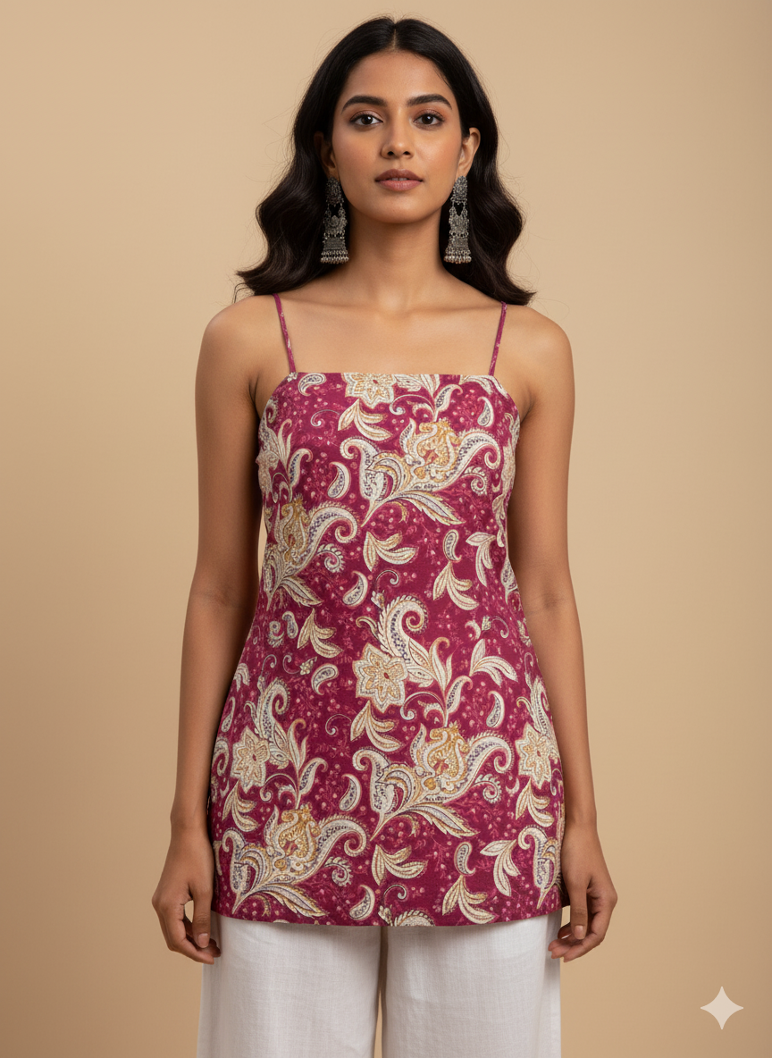 model wearing pink paisley printed , lace up back top