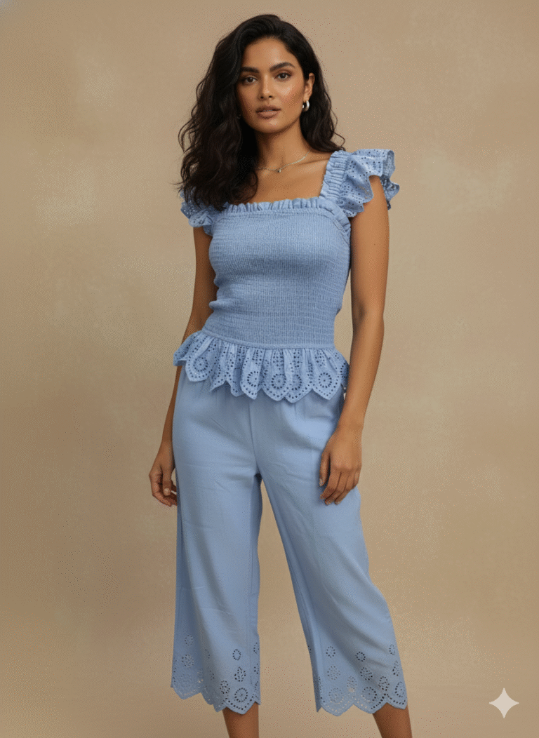 front pose of model wearing sky blue cotton eyelet co-ord set with ruffle sleeves and scalloped hem pants — minimal summer outfit, cottagecore Pinterest vibe, chic resort wear